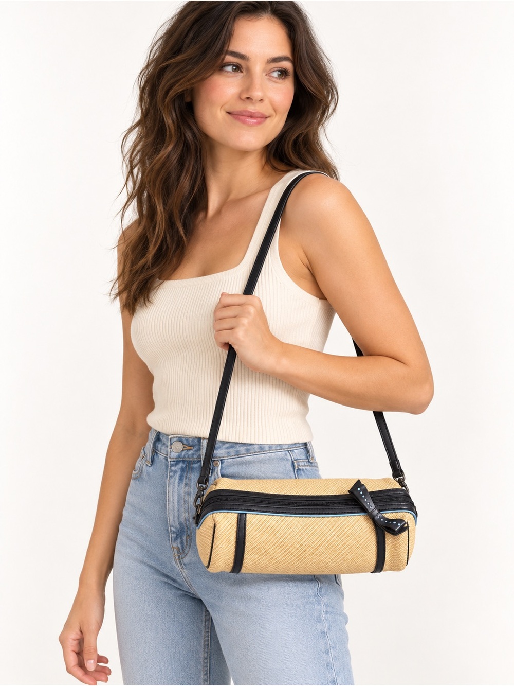 Cole Haan Woven Straw Raffia Shoulder Bag Tan Black Leather Trim Bow Accent